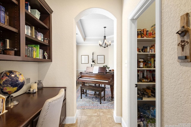 9718 Rosemire Way, San Antonio, TX 78254 - hallway with crown molding, a chandelier, arched walkways, an office area, and light tile patterned floors