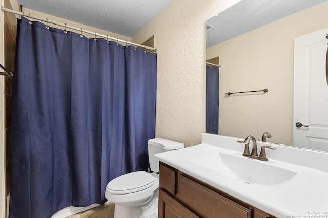 9718 Rosemire Way, San Antonio, TX 78254 - full bathroom featuring a textured wall, toilet, vanity, a textured ceiling, and a shower with shower curtain