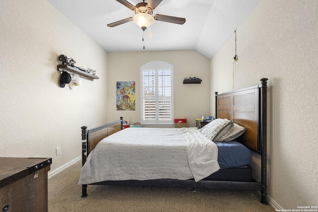 9718 Rosemire Way, San Antonio, TX 78254 - bedroom with carpet floors, a textured wall, baseboards, vaulted ceiling, and ceiling fan