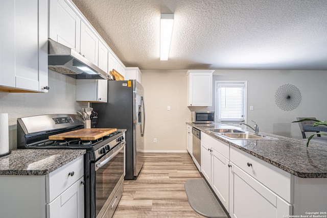 8411 Terlingua Cv, Converse, TX 78109 - kitchen featuring appliances with stainless steel finishes, under cabinet range hood, a peninsula, a sink, and a textured ceiling