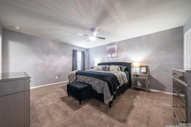 8411 Terlingua Cv, Converse, TX 78109 - carpeted bedroom featuring a textured ceiling, a ceiling fan, baseboards, and a textured wall