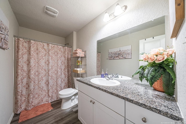 8411 Terlingua Cv, Converse, TX 78109 - full bathroom with wood finished floors, vanity, a textured ceiling, toilet, and a textured wall