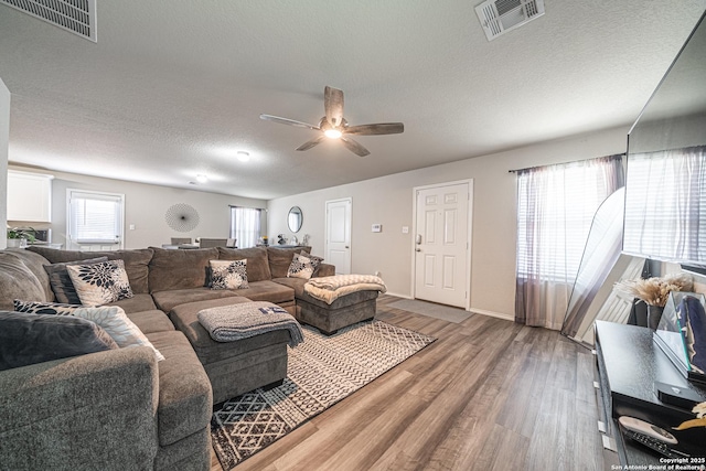 8411 Terlingua Cv, Converse, TX 78109 - living room with wood finished floors, ceiling fan, and a textured ceiling