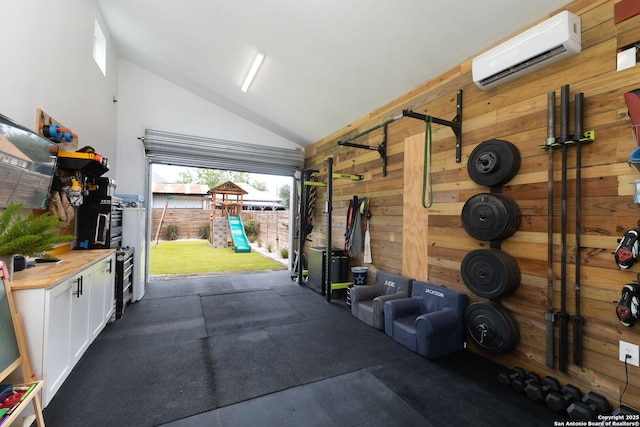 203 Rehmann, San Antonio, TX 78204 - garage featuring a wall mounted air conditioner and wooden walls