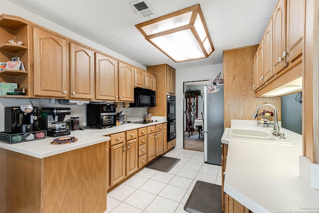 16519 Burr Hill, San Antonio, TX 78247 - kitchen with black appliances, a sink, light tile patterned flooring, open shelves, and light countertops