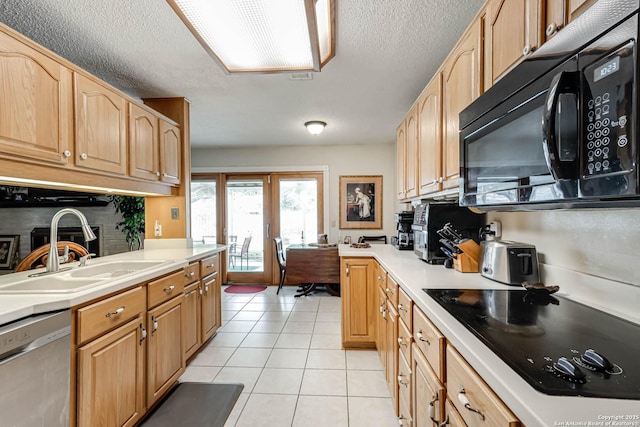 16519 Burr Hill, San Antonio, TX 78247 - kitchen featuring black appliances, a sink, light countertops, light tile patterned floors, and backsplash