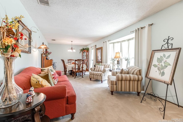 16519 Burr Hill, San Antonio, TX 78247 - living area with carpet flooring, a chandelier, and a textured ceiling