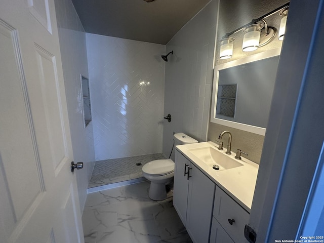11618 Spring Trail St, San Antonio, TX 78249 - full bath featuring toilet, a tile shower, vanity, and marble look tiles