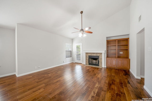 6243 Broadmeadow, San Antonio, TX 78240 - unfurnished living room featuring ceiling fan, dark wood finished floors, high vaulted ceiling, a fireplace, and baseboards