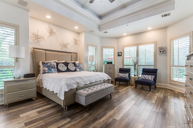 10 Kings Tower, San Antonio, TX 78257 - bedroom featuring crown molding, dark wood-type flooring, a raised ceiling, recessed lighting, and ceiling fan