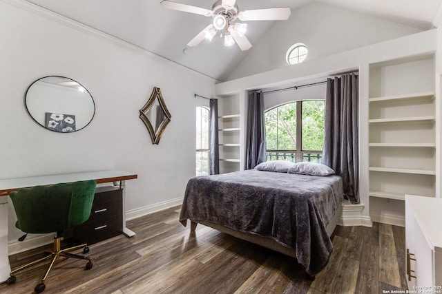 10 Kings Tower, San Antonio, TX 78257 - bedroom with dark wood-type flooring, baseboards, a ceiling fan, and high vaulted ceiling