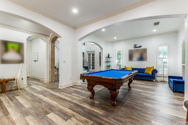 10 Kings Tower, San Antonio, TX 78257 - recreation room featuring ornamental molding, wood finished floors, billiards, arched walkways, and recessed lighting