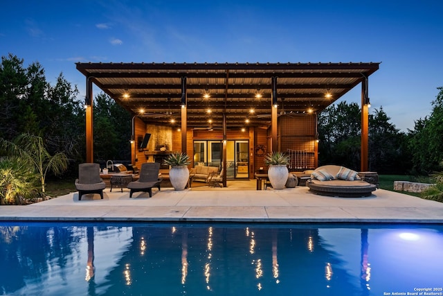 195 Desert Flower, Spring Branch, TX 78070 - swimming pool featuring an outdoor hangout area, a patio, an exterior structure, and an outdoor structure