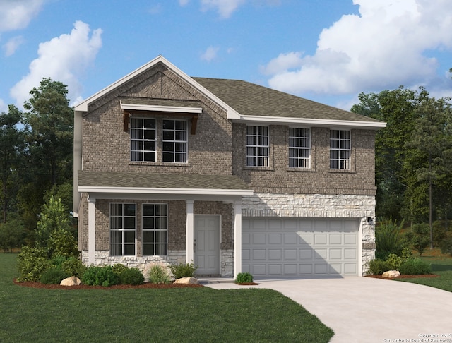1345 Meester Dr, San Antonio, TX 78245 - view of front of home with concrete driveway, stone siding, a garage, a front yard, and brick siding