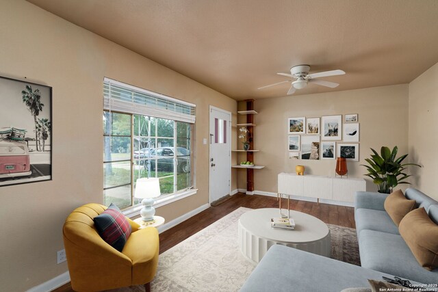 222 Laurelwood, San Antonio, TX 78213 - living room featuring baseboards, wood finished floors, and a ceiling fan