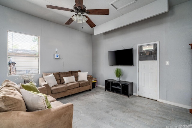 222 Laurelwood, San Antonio, TX 78213 - living room with a ceiling fan and baseboards