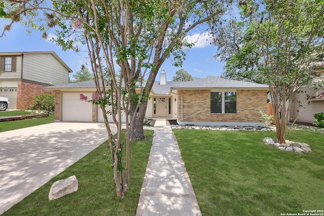 9807 Boulder Hill, San Antonio, TX 78250 - view of front of property featuring brick siding, a front lawn, concrete driveway, a garage, and a chimney