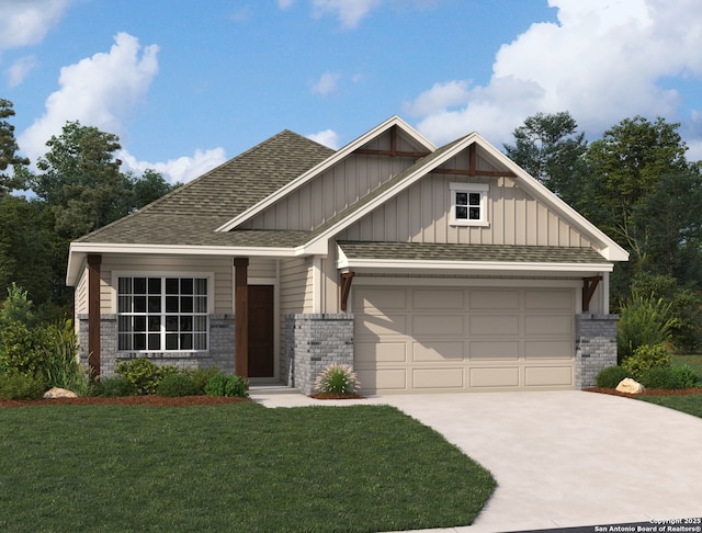 7011 Lower Xing, San Antonio, TX 78252 - craftsman inspired home with board and batten siding, a shingled roof, driveway, a front lawn, and a garage