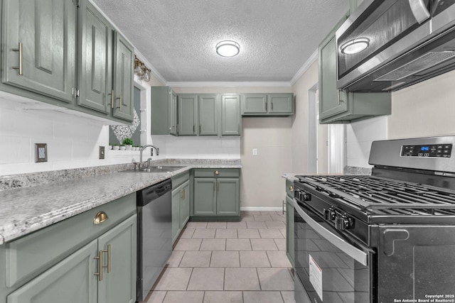 239 Banbridge, San Antonio, TX 78223 - kitchen with stainless steel appliances, a sink, a textured ceiling, ornamental molding, and light tile patterned flooring