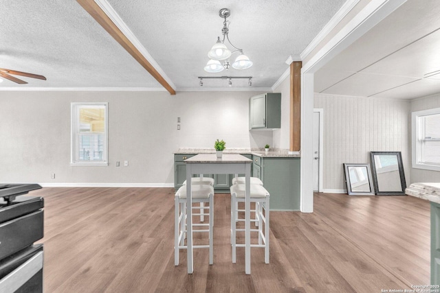 239 Banbridge, San Antonio, TX 78223 - kitchen featuring ornamental molding, plenty of natural light, wood finished floors, open floor plan, and a textured ceiling