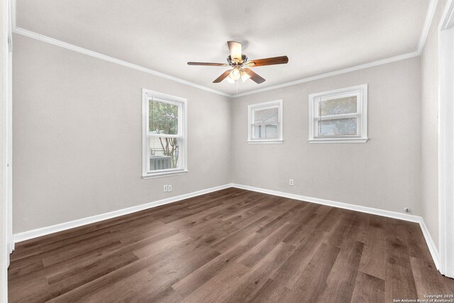 239 Banbridge, San Antonio, TX 78223 - unfurnished room featuring ceiling fan, dark wood-type flooring, baseboards, and ornamental molding