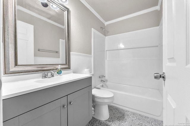239 Banbridge, San Antonio, TX 78223 - full bath with crown molding, vanity, toilet,  shower combination, and wainscoting