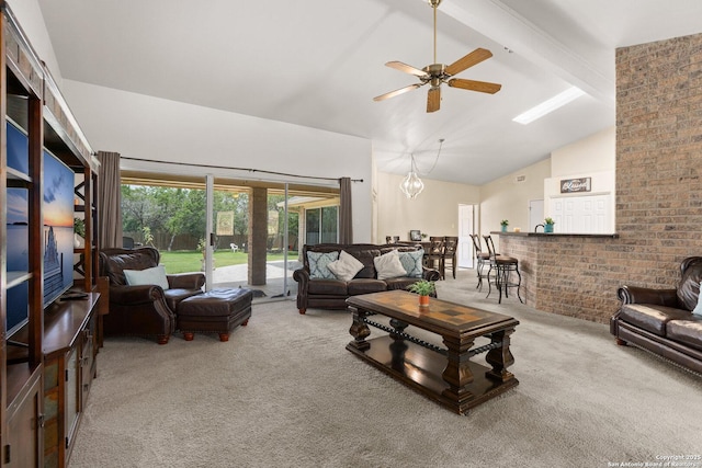 585 Oak Bend Dr, Bandera, TX 78003 - carpeted living room featuring beamed ceiling, a ceiling fan, and high vaulted ceiling