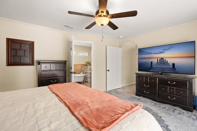 585 Oak Bend Dr, Bandera, TX 78003 - bedroom with a ceiling fan, crown molding, and connected bathroom