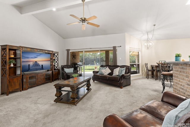 585 Oak Bend Dr, Bandera, TX 78003 - carpeted living area with beam ceiling, a ceiling fan, a chandelier, and high vaulted ceiling