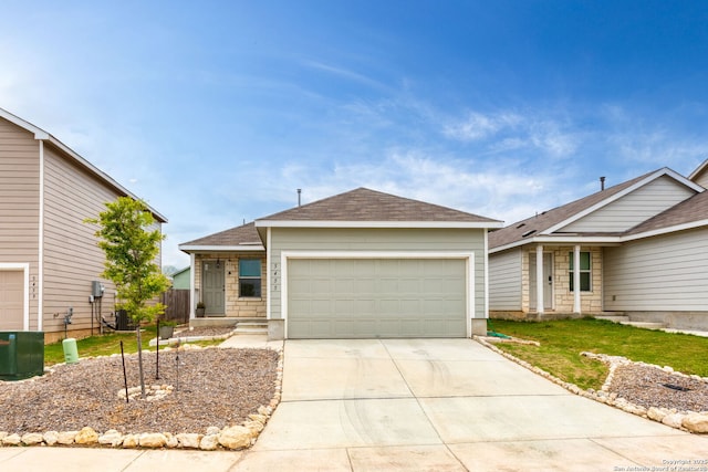 5455 Daphne Path, San Antonio, TX 78253 - ranch-style house featuring driveway, a garage, a shingled roof, and central AC