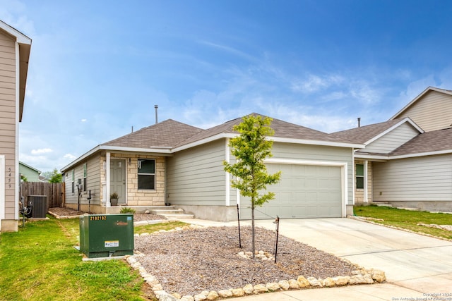 5455 Daphne Path, San Antonio, TX 78253 - ranch-style home with a garage, driveway, central AC unit, and a shingled roof