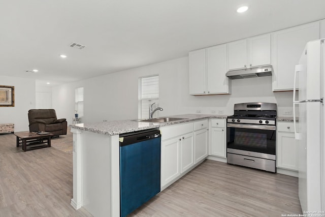 5455 Daphne Path, San Antonio, TX 78253 - kitchen with dishwashing machine, gas stove, under cabinet range hood, a sink, and freestanding refrigerator