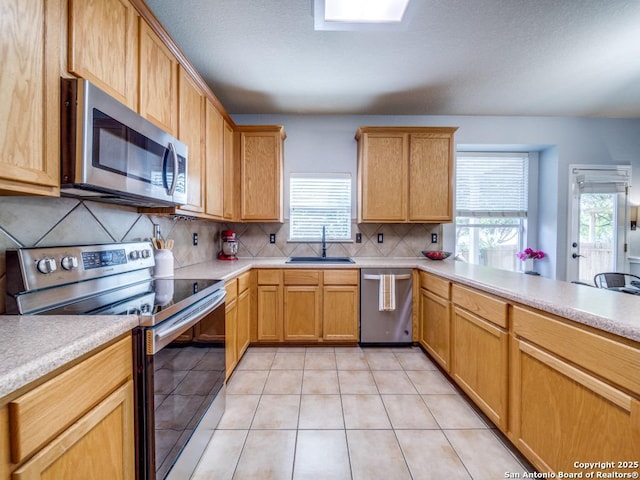520 Foxford Run Dr, Schertz, TX 78108 - kitchen with appliances with stainless steel finishes, a sink, healthy amount of natural light, and tasteful backsplash