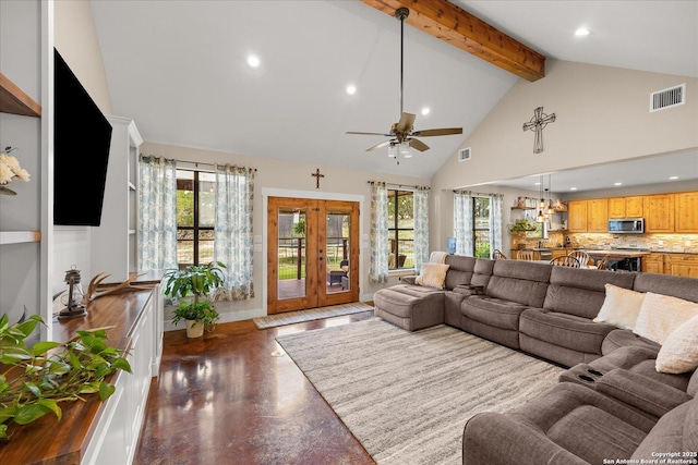 122 Twisting Oaks Ct, Pipe Creek, TX 78063 - living room with beam ceiling, recessed lighting, high vaulted ceiling, plenty of natural light, and ceiling fan