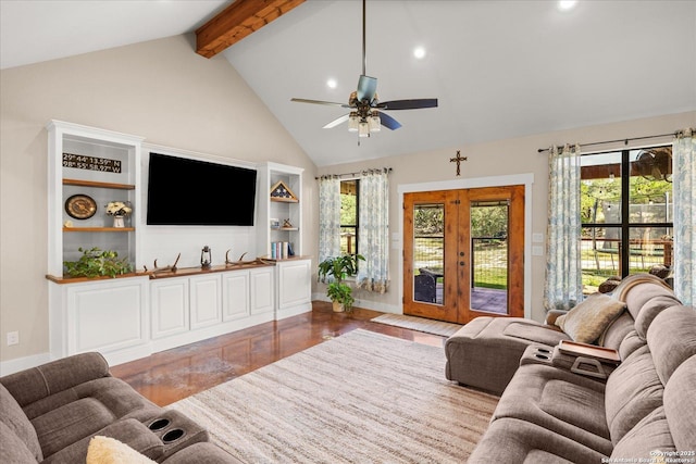 122 Twisting Oaks Ct, Pipe Creek, TX 78063 - living area featuring french doors, beam ceiling, high vaulted ceiling, a ceiling fan, and recessed lighting
