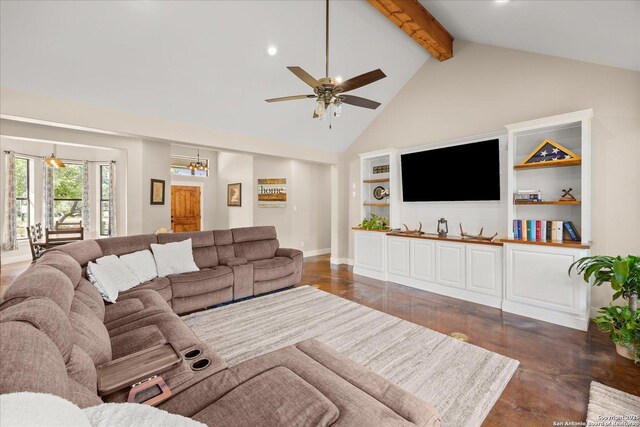 122 Twisting Oaks Ct, Pipe Creek, TX 78063 - living area with a ceiling fan, beamed ceiling, high vaulted ceiling, built in shelves, and concrete floors