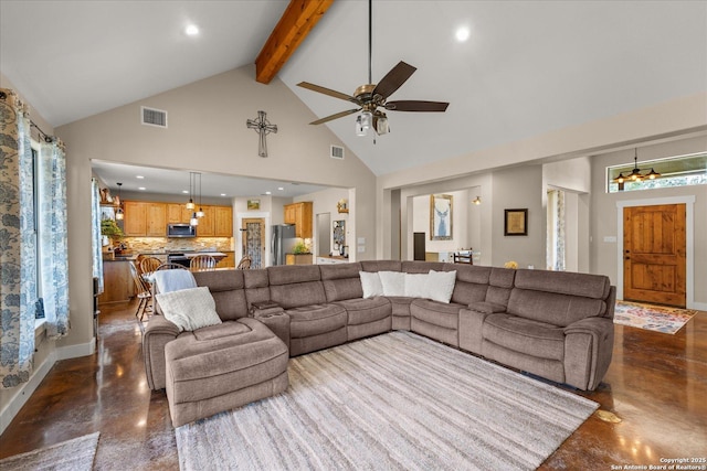 122 Twisting Oaks Ct, Pipe Creek, TX 78063 - living area with high vaulted ceiling, finished concrete flooring, a ceiling fan, beam ceiling, and recessed lighting