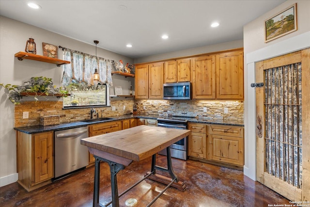 122 Twisting Oaks Ct, Pipe Creek, TX 78063 - kitchen featuring open shelves, appliances with stainless steel finishes, finished concrete floors, tasteful backsplash, and recessed lighting