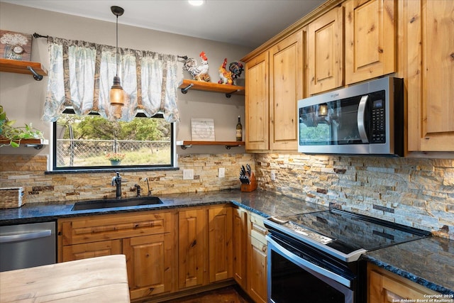 122 Twisting Oaks Ct, Pipe Creek, TX 78063 - kitchen with open shelves, stainless steel appliances, a sink, backsplash, and hanging light fixtures