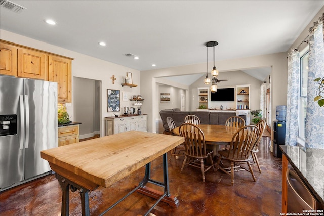 122 Twisting Oaks Ct, Pipe Creek, TX 78063 - dining space with finished concrete flooring, recessed lighting, a ceiling fan, and lofted ceiling