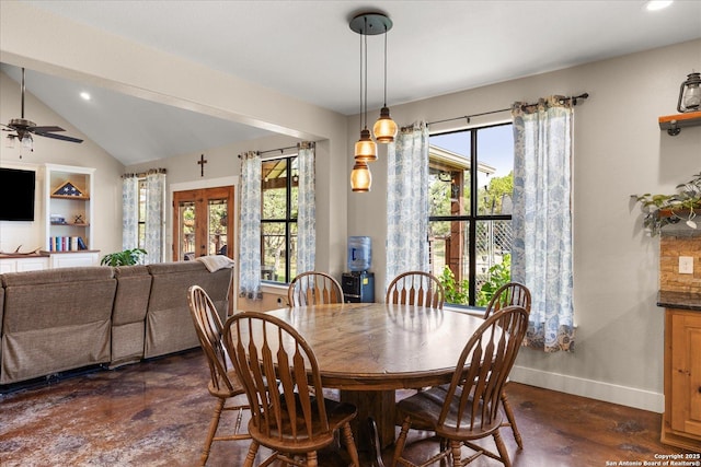 122 Twisting Oaks Ct, Pipe Creek, TX 78063 - dining space with baseboards, french doors, lofted ceiling, ceiling fan, and recessed lighting