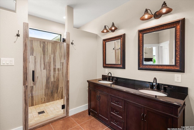122 Twisting Oaks Ct, Pipe Creek, TX 78063 - bathroom with double vanity, a stall shower, tile patterned floors, and baseboards