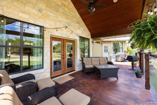 122 Twisting Oaks Ct, Pipe Creek, TX 78063 - view of patio / terrace with french doors, grilling area, a ceiling fan, and an outdoor living space