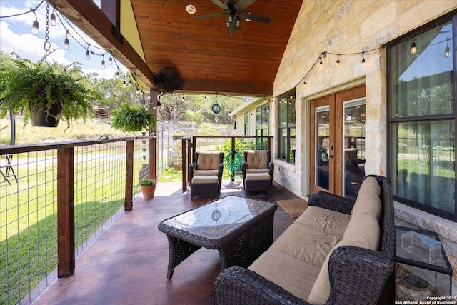 122 Twisting Oaks Ct, Pipe Creek, TX 78063 - view of patio / terrace featuring a ceiling fan, an outdoor living space, and french doors