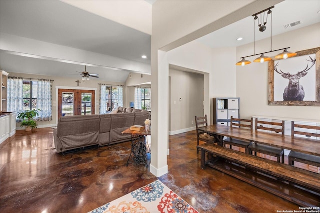 122 Twisting Oaks Ct, Pipe Creek, TX 78063 - dining space featuring concrete flooring, baseboards, vaulted ceiling, a ceiling fan, and recessed lighting