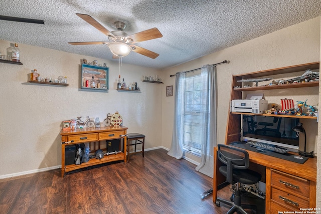 105 S Bluebonnet, Uvalde, TX 78801 - home office with a textured wall, a textured ceiling, a ceiling fan, wood finished floors, and baseboards