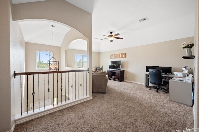 1989 Kalli Jo, New Braunfels, TX 78130 - carpeted home office featuring lofted ceiling, a ceiling fan, arched walkways, and baseboards