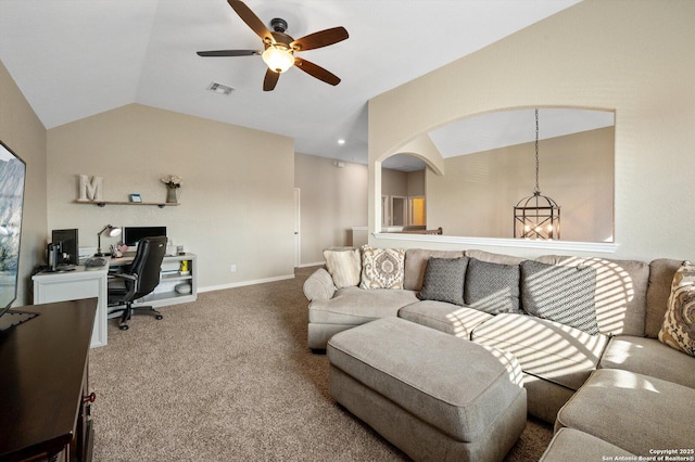 1989 Kalli Jo, New Braunfels, TX 78130 - living room featuring an office area, lofted ceiling, ceiling fan, carpet floors, and baseboards