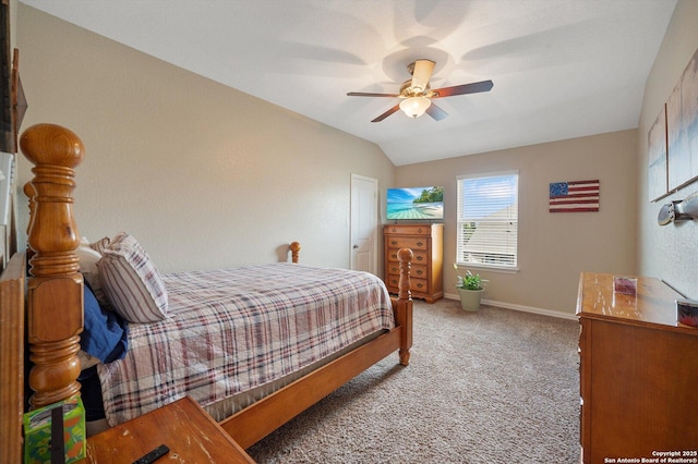 1989 Kalli Jo, New Braunfels, TX 78130 - bedroom with light carpet, baseboards, vaulted ceiling, and ceiling fan