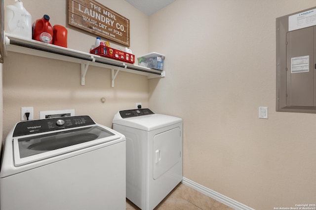 1989 Kalli Jo, New Braunfels, TX 78130 - laundry area featuring electric panel, washing machine and clothes dryer, baseboards, and light tile patterned floors